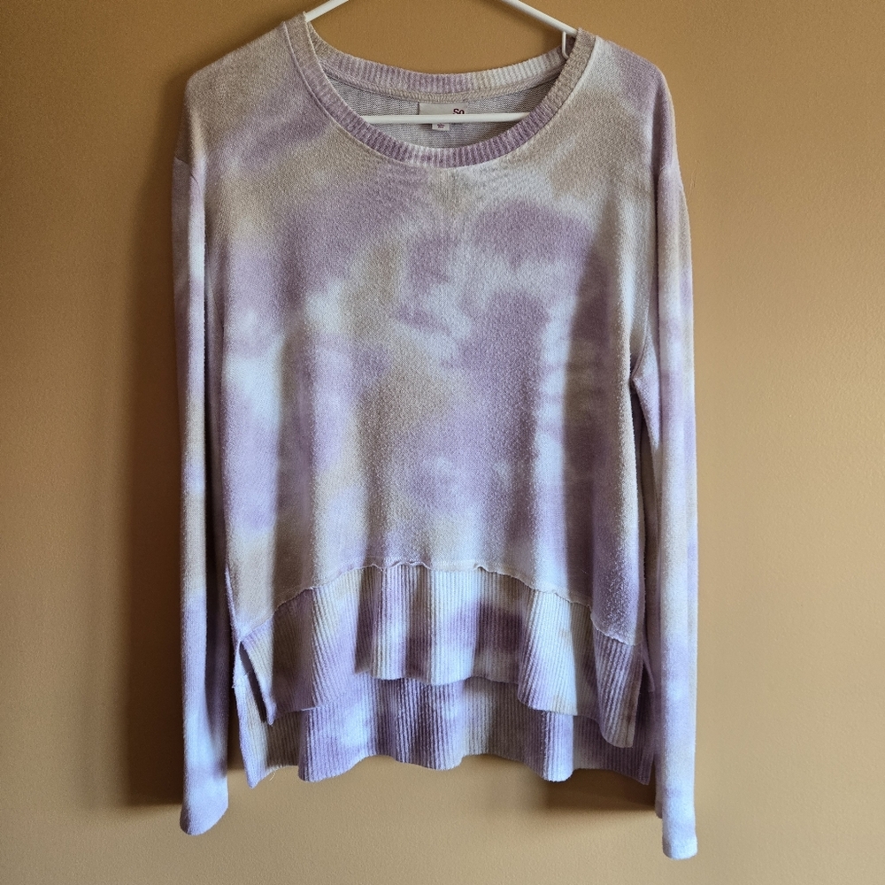 SO Lavender Tie-Dye Ruffle Ribbed Hem Sweater PTP=20"